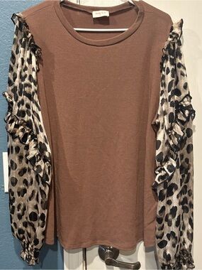 Hailey & Co Brown Ruffle Sleeve sheer Women's Top 1X